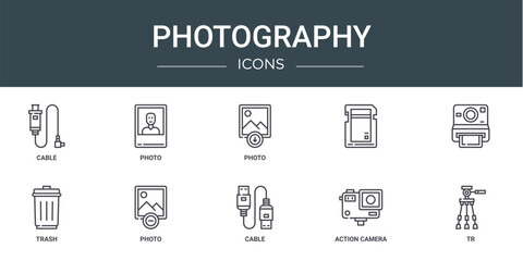 set of 10 outline web photography icons such as cable, photo, photo, , trash, photo vector icons for report, presentation, diagram, web design, mobile