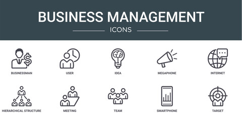set of 10 outline web business management icons such as businessman, user, idea, megaphone, internet, hierarchical structure, meeting vector icons for report, presentation, diagram, web design,