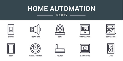 set of 10 outline web home automation icons such as switch, megaphone, cctv, temperature, coffee hine, door, vacuum cleaner vector icons for report, presentation, diagram, web design, mobile app