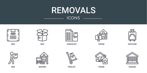 Fototapeta premium set of 10 outline web removals icons such as box, box, checklist, house, suitcase, box, moving vector icons for report, presentation, diagram, web design, mobile app