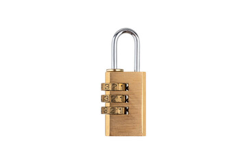 Lock for doors on a white background. Golden color padlock closeup isolated on white background.