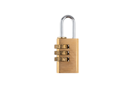 Lock for doors on a white background. Golden color padlock closeup isolated on white background.
