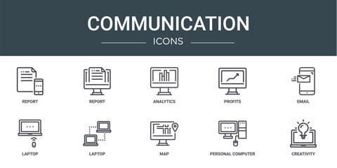 set of 10 outline web communication icons such as report, report, analytics, profits, email, laptop, laptop vector icons for report, presentation, diagram, web design, mobile app