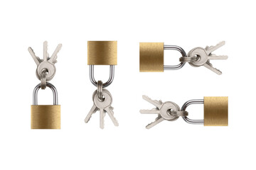 Lock for doors on a white background. Golden color padlock closeup isolated on white background.
