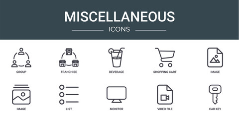 set of 10 outline web miscellaneous icons such as group, franchise, beverage, shopping cart, image, image, list vector icons for report, presentation, diagram, web design, mobile app