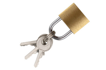 Lock for doors on a white background. Golden color padlock closeup isolated on white background.