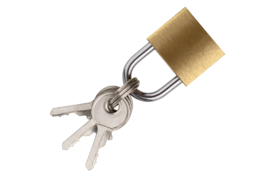 Lock for doors on a white background. Golden color padlock closeup isolated on white background.