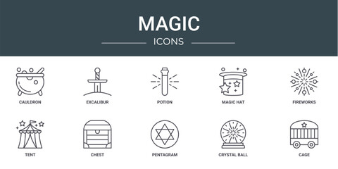 set of 10 outline web magic icons such as cauldron, excalibur, potion, magic hat, fireworks, tent, chest vector icons for report, presentation, diagram, web design, mobile app