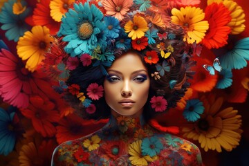 Latin woman with multicolored mandala flowers in hair, hispanic history month banner, created with generative ai