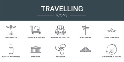 set of 10 outline web travelling icons such as lighthouse on, trolley with suitcase, camping backpackage, road pointer, plane front view, suitcase with wheels, parthenon vector icons for report,