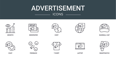 set of 10 outline web advertisement icons such as growth, newspaper, cost, , baseball cap, chat, feedback vector icons for report, presentation, diagram, web design, mobile app