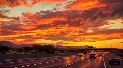 Sunset at the arizona freeway, in the style of vibrant and lively hues. Generative AI