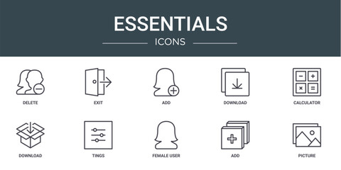 set of 10 outline web essentials icons such as delete, exit, add, download, calculator, download, tings vector icons for report, presentation, diagram, web design, mobile app