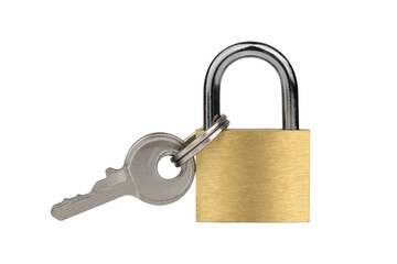 Lock for doors on a white background. Golden color padlock closeup isolated on white background.