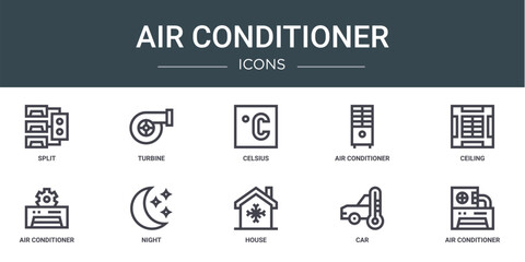 set of 10 outline web air conditioner icons such as split, turbine, celsius, air conditioner, ceiling, air conditioner, night vector icons for report, presentation, diagram, web design, mobile app