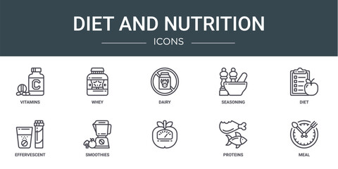 set of 10 outline web diet and nutrition icons such as vitamins, whey, dairy, seasoning, diet, effervescent, smoothies vector icons for report, presentation, diagram, web design, mobile app