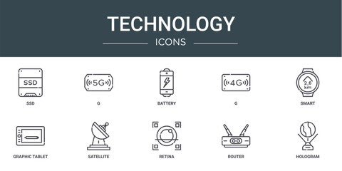set of 10 outline web technology icons such as ssd, g, battery, g, smart, graphic tablet, satellite vector icons for report, presentation, diagram, web design, mobile app