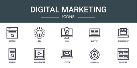 set of 10 outline web digital marketing icons such as search, idea, idea, laptop, online shop, search, video player vector icons for report, presentation, diagram, web design, mobile app