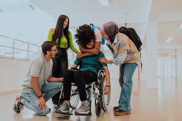 In a modern university, a diverse group of students, including an Afro-American student and a hijab-wearing woman, walk together in the hallway, accompanied by their wheelchair-bound colleague