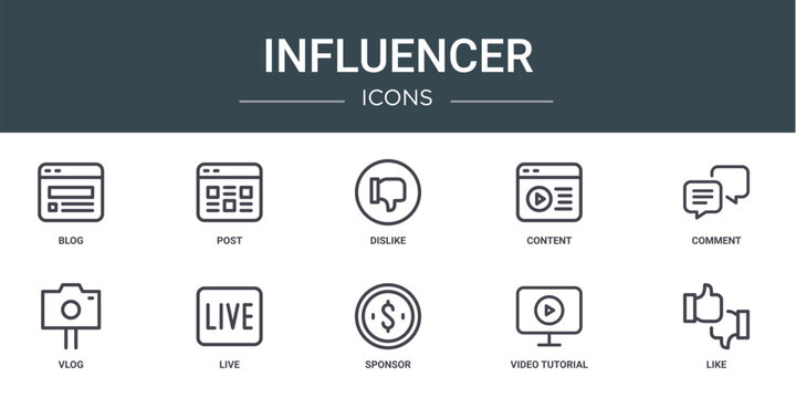 set of 10 outline web influencer icons such as blog, post, dislike, content, comment, vlog, live vector icons for report, presentation, diagram, web design, mobile app