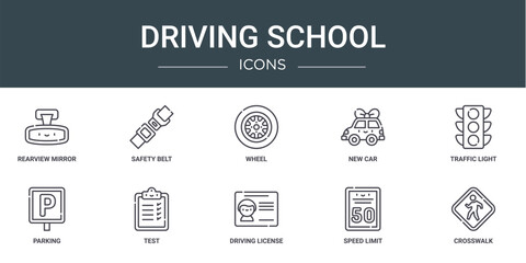 Fototapeta premium set of 10 outline web driving school icons such as rearview mirror, safety belt, wheel, new car, traffic light, parking, test vector icons for report, presentation, diagram, web design, mobile app