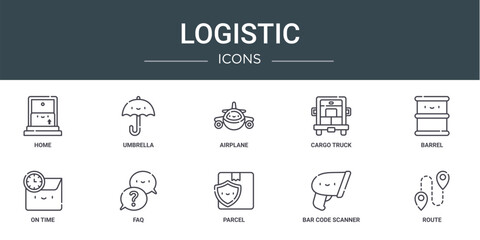 set of 10 outline web logistic icons such as home, umbrella, airplane, cargo truck, barrel, on time, faq vector icons for report, presentation, diagram, web design, mobile app