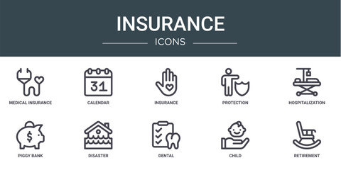 set of 10 outline web insurance icons such as medical insurance, calendar, insurance, protection, hospitalization, piggy bank, disaster vector icons for report, presentation, diagram, web design,