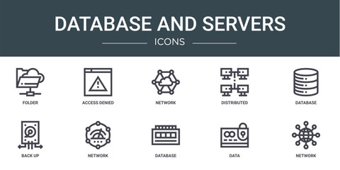set of 10 outline web database and servers icons such as folder, access denied, network, distributed, database, back up, network vector icons for report, presentation, diagram, web design, mobile