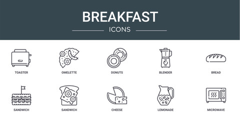 set of 10 outline web breakfast icons such as toaster, omelette, donuts, blender, bread, sandwich, sandwich vector icons for report, presentation, diagram, web design, mobile app