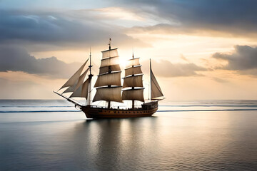 Obraz premium old styled wooden sailing ship in the sea cruising over beautiful sunset sky with clouds created with generative ai technology