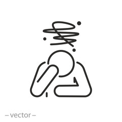 man depressed icon, human holding his head with his hand, feeling sad, thin line symbol on white background - editable stroke vector illustration