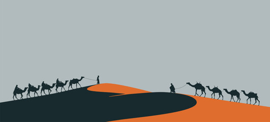 Camel caravan in the desert dunes. Vector illustration of the outline of a caravan of camels going through the desert. Sketch for creativity. © Evgeniy