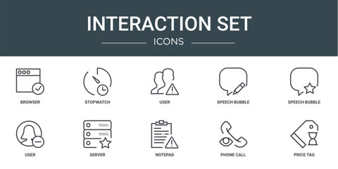 set of 10 outline web interaction set icons such as browser, stopwatch, user, speech bubble, speech bubble, user, server vector icons for report, presentation, diagram, web design, mobile app