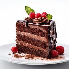 Plate with slice of tasty homemade chocolate cake on table