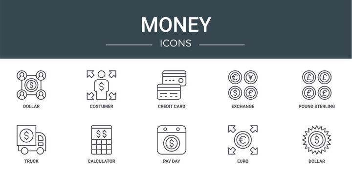 set of 10 outline web money icons such as dollar, costumer, credit card, exchange, pound sterling, truck, calculator vector icons for report, presentation, diagram, web design, mobile app