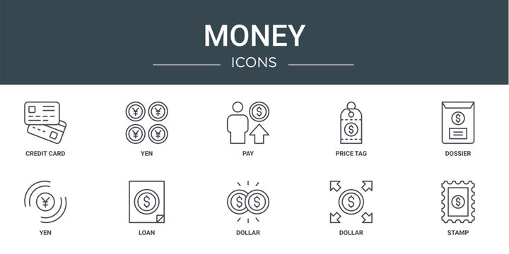 set of 10 outline web money icons such as credit card, yen, pay, price tag, dossier, yen, loan vector icons for report, presentation, diagram, web design, mobile app