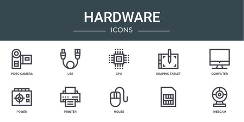 set of 10 outline web hardware icons such as video camera, usb, cpu, graphic tablet, computer, power, printer vector icons for report, presentation, diagram, web design, mobile app