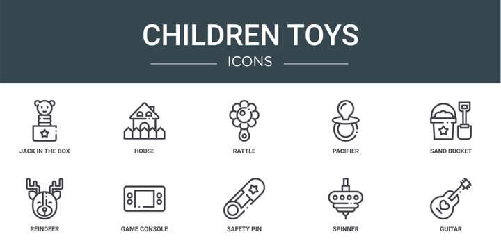 set of 10 outline web children toys icons such as jack in the box, house, rattle, pacifier, sand bucket, reindeer, game console vector icons for report, presentation, diagram, web design, mobile app
