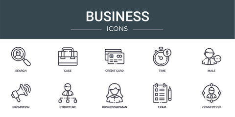 set of 10 outline web business icons such as search, case, credit card, time, male, promotion, structure vector icons for report, presentation, diagram, web design, mobile app