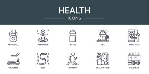 set of 10 outline web health icons such as kettlebell, meditation, water, tea, heart rate, treadmill, body vector icons for report, presentation, diagram, web design, mobile app