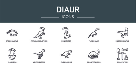 set of 10 outline web diaur icons such as stegosaurus, parasaurolophus, eonatator, plesiosaur, dilophosaurus, diaur egg, velociraptor vector icons for report, presentation, diagram, web design, © MacroOne