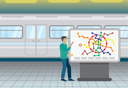 Traveling communte, tourism, finding the way on map. Man at train, subway station, holding his mobile phone. Dimension 16:9. Vector illustration.