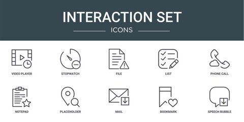 set of 10 outline web interaction set icons such as video player, stopwatch, file, list, phone call, notepad, placeholder vector icons for report, presentation, diagram, web design, mobile app