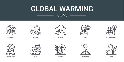 set of 10 outline web global warming icons such as ecology, water, storm, hot, solar energy, warming, ship vector icons for report, presentation, diagram, web design, mobile app
