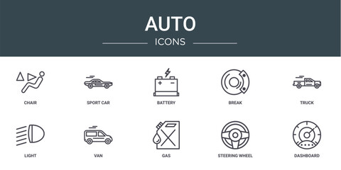 set of 10 outline web auto icons such as chair, sport car, battery, break, truck, light, van vector icons for report, presentation, diagram, web design, mobile app