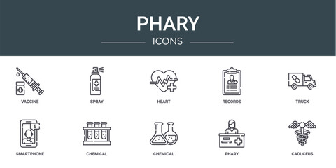 set of 10 outline web phary icons such as vaccine, spray, heart, records, truck, smartphone, chemical vector icons for report, presentation, diagram, web design, mobile app