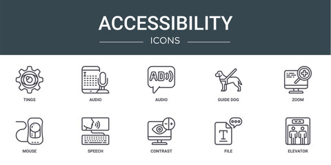 set of 10 outline web accessibility icons such as tings, audio, audio, guide dog, zoom, mouse, speech vector icons for report, presentation, diagram, web design, mobile app