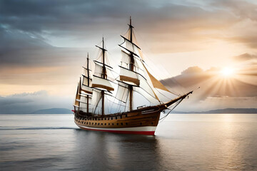 Obraz premium old styled wooden sailing ship in the sea cruising over beautiful sunset sky with clouds created with generative ai technology