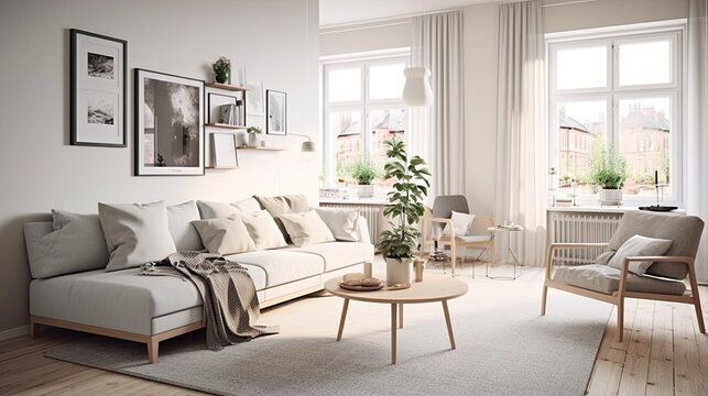 white living room interior with sofa