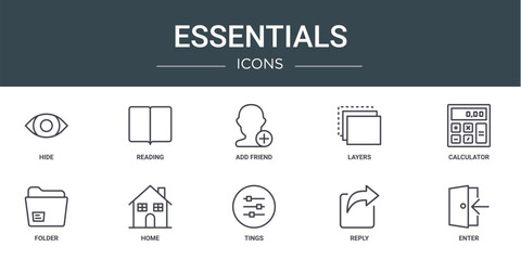 set of 10 outline web essentials icons such as hide, reading, add friend, layers, calculator, folder, home vector icons for report, presentation, diagram, web design, mobile app